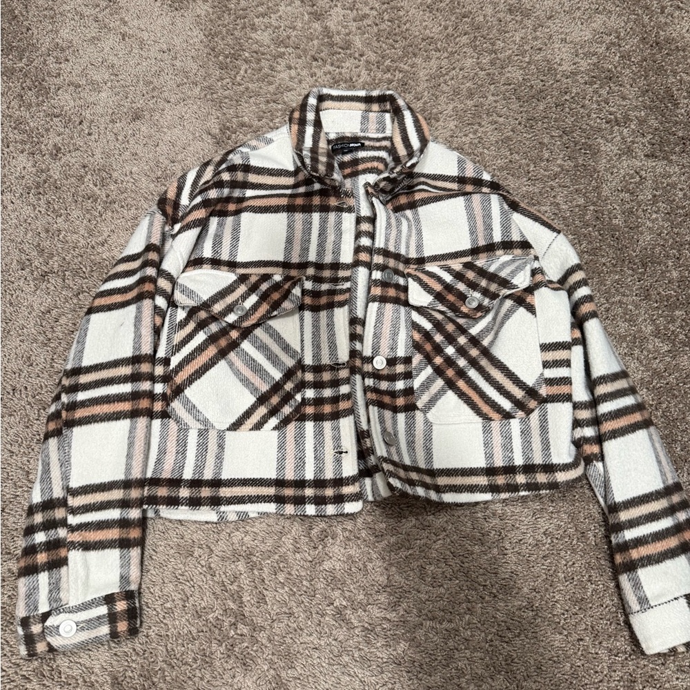 Fashion Nova Plaid Utility Jacket - Black, White, Brown